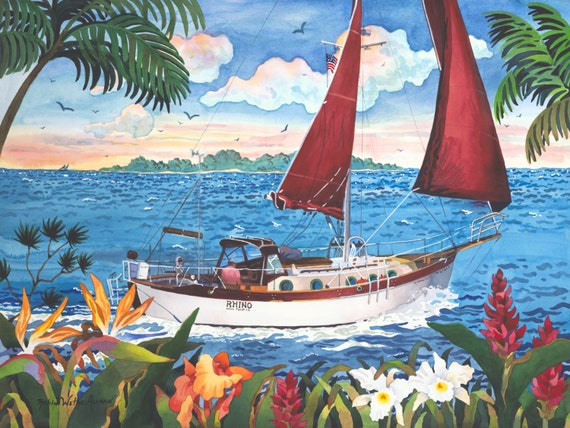 Sailboat, Sailing in Hawaii, Sailing, and Tropical Flowers, Sailing the Islands, Tropical Art, Sailing the World