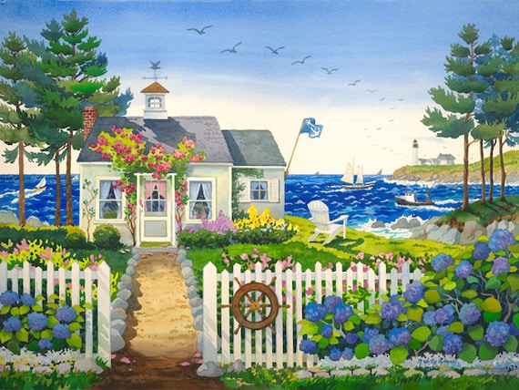 Maine Cottage Bungalow Seascape with Lighthouse, Sailing Ships and Adirondack Chair by the Ocean