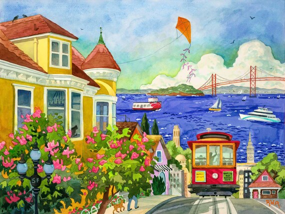 San Francisco Painting, San Francisco art, San Francisco, Golden Gate Bridge, San Francisco Bay, Cable Car, Painting of San Francisco, art