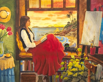 Laguna Beach, Painting of artist, Woman Artist, Woman with Dog, Dog Lover, Woman windowseat, Reading, Woman Reading, Girl Reading, Artist