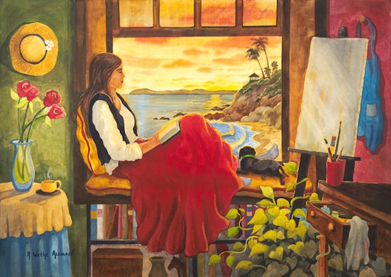 Laguna Beach, Painting of artist, Woman Artist, Woman with Dog, Dog Lover, Woman windowseat, Reading, Woman Reading, Girl Reading, Artist