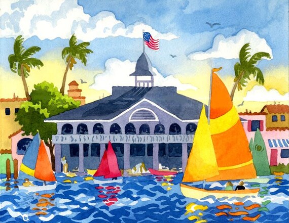 The Newport Pavillion, Newport Harbor, Sailboats at Newport, sailboat painting, painting of Newport Harbor, California Art, Altman art