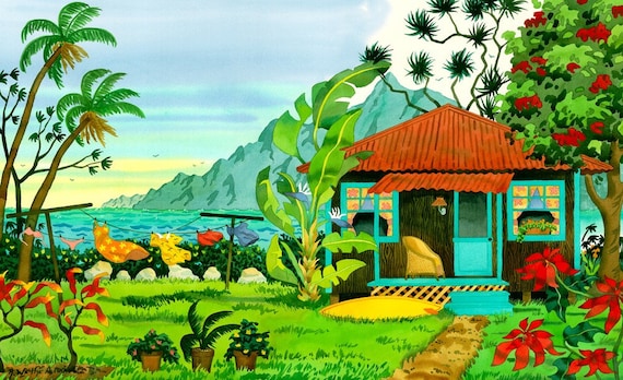 Tropical Beach Cottage Seascape with Surfboard, Clothesline, Flowers and Palm Tree