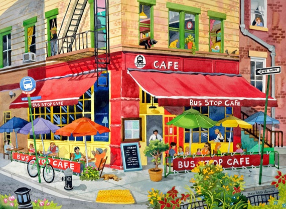 New York City Cafe Restaurant Near Park with Dogs, Has Diversity, Urban Life, Colorful Umbrellas and Bicycle