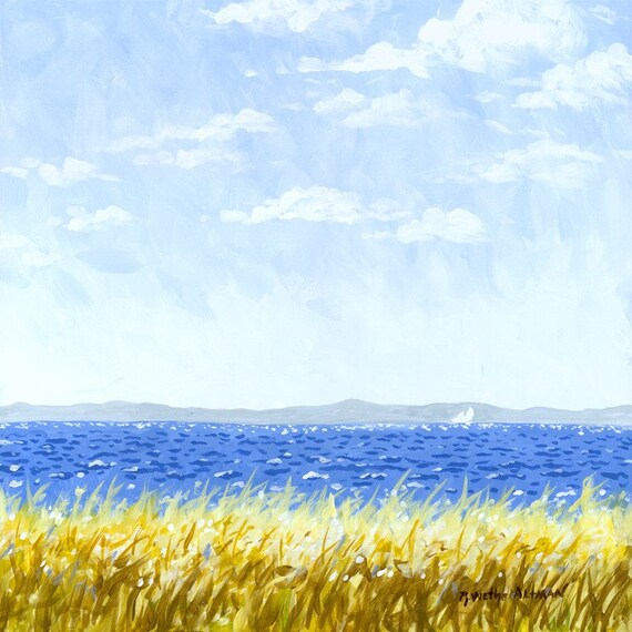 Zen Ocean Painting, Relaxing Seascape, Distant Sailboat, Great Lakes, Sailboat in Ocean