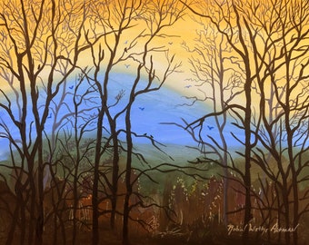 Mountains and Trees, looking through trees, winter trees, Appalachian Mountains, Asheville area, painting of trees, trees and sunset, Giclee