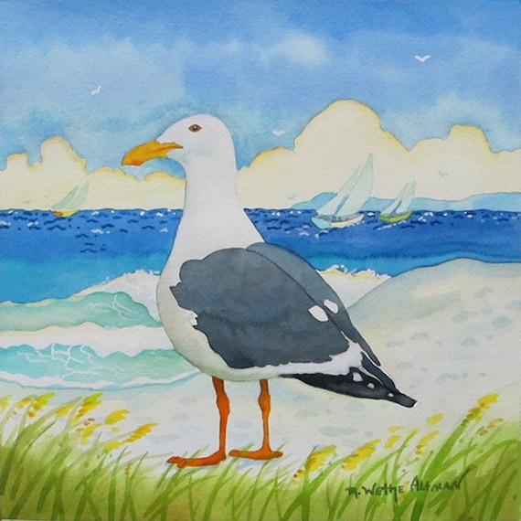 Seagull, Seagull on the beach, Seagull with ocean, painting of seagull,  print of seagull, Laguna Beach, Robin Altman painting, Seagull art,