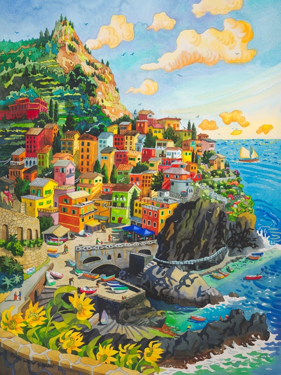 Cinque Terre, Italy, Manerola, Seascape, Southern Italy, Manerola Italy, Italian Fishing Village, Italian Coastline, Painting of Italy,