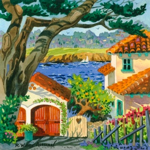 May include: A watercolor painting of a coastal scene with a house, a tree, and a sailboat in the distance. The house has a red tile roof and a green door. The tree has green leaves and a brown trunk. The sailboat is white and has a blue sail. The water is blue and the sky is light blue.