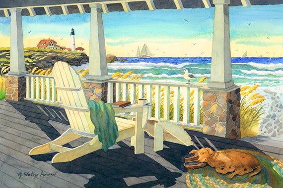 paintings of adirondack chairs on the beach