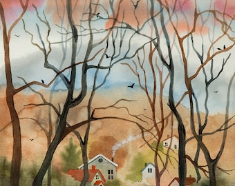 Winter woods, cabin in the woods, trees in winter, painting of winter, earth tone painting, watercolor of winter, print of trees, fall trees