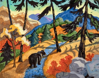 Bear on the Trail, Black Bear, Bear in the Woods, Bear in the Mountains, Bear in the Forest, Wild Bear, Cabin Art, Bear Painting, Bear Art