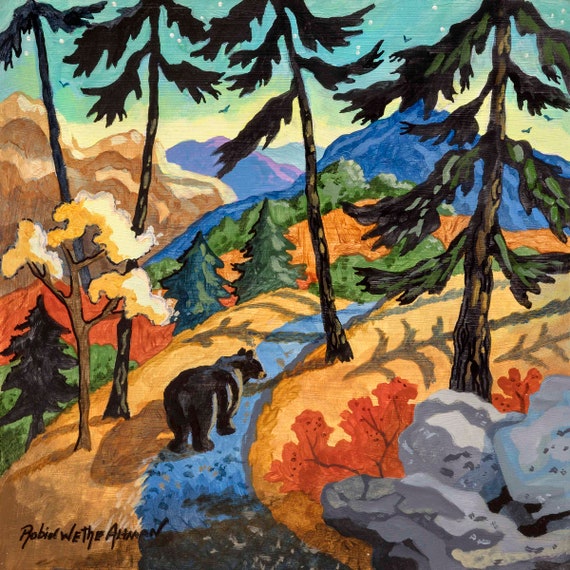 Bear on the Trail, Black Bear, Bear in the Woods, Bear in the Mountains, Bear in the Forest, Wild Bear, Cabin Art, Bear Painting, Bear Art