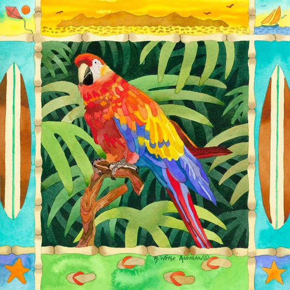 Tropical Colorful Surf Parrot with surfboards, bamboo and palm trees in Jungle print