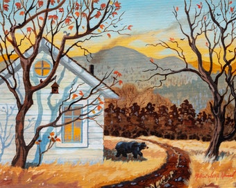 Winter in the Mountains, Bear in the mountains, Black Bear, Bear by the Cabin, Cabin in the Mountain, Bear Art, Cabin Art, Mountain painting