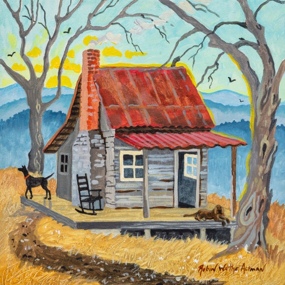 Appalachian Cabin, Cabin in the Appalachian Mountains, Appalachian Mountain, Cabin Art, Cabin with Dogs, Dog Art, Mountain Landscape, Cabin