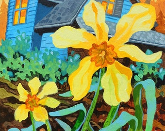 Daffodil, daffodils, mountain cabin, cabin, cottage, painting of a cabin, yellow flowers, cabin in the woods, cottage in the woods, print