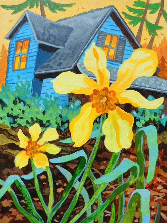 Daffodil, daffodils, mountain cabin, cabin, cottage, painting of a cabin, yellow flowers, cabin in the woods, cottage in the woods, print