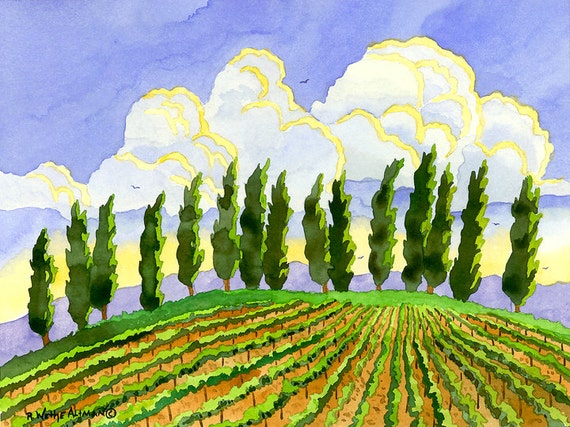 Inspiring Italian Vineyard in Tuscany with Cypress Tree, Fields and Clouds in Watercolor