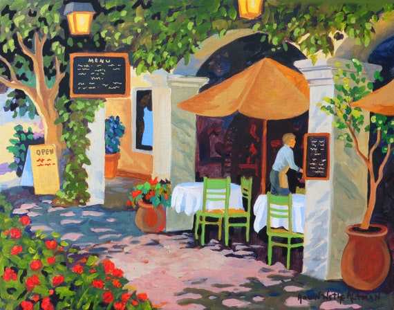 Santa Barbara Cafe, Santa Barbara painting, Santa Barbara Art, Restaurant Painting, Cafe Painting, Sidewalk Cafe, art