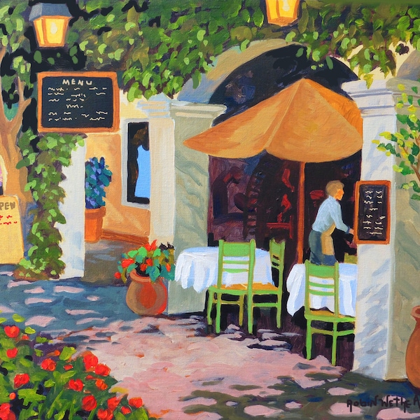 Santa Barbara Cafe, Santa Barbara painting, Santa Barbara Art, Restaurant Painting, Cafe Painting, Sidewalk Cafe, art