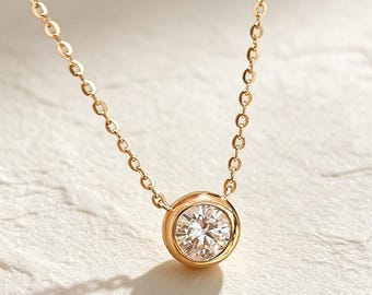 Naszyjnik z diamentami Bezel Solitaire, srebro próby 925 pokryte 18-karatowym złotem, minimalistyczna biżuteria na co dzień, prezent na rocznicę