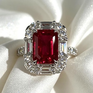Anillo de compromiso con halo de esmeraldas y rubíes, anillo Art Déco vintage, joya llamativa, regalo de aniversario