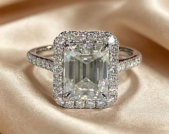 Pierścionek zaręczynowy Halo Emerald Moissanite, obrączka z białego złota, prezent ślubny/rocznicowy dla niej