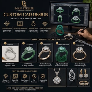 May include: An advertisement for Dian Atelier fine jewelry CAD design. The image showcases the process from concept to final jewel, including 3D modeling and rendering. The text reads "Custom CAD Design" and highlights the company's expertise in creating unique designs.