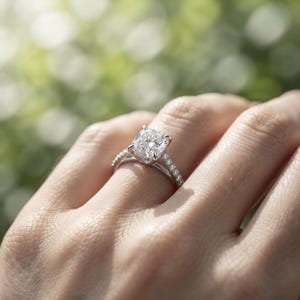 May include: A silver-toned ring featuring a large, square-cut center stone with a brilliant faceted surface. The band is slender and adorned with a row of small, round, clear stones set along the shank, leading up to the prominent central setting.