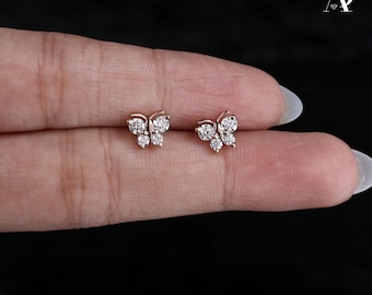 Dainty Diamond Butterfly Stud Earrings: Sterling Silver or Solid Gold Stacking Jewelry