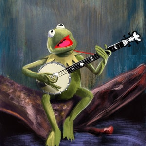 May include: A green frog with its mouth wide open, playing a banjo with a black and white design. The frog is sitting on a brown log against a blue and green background.