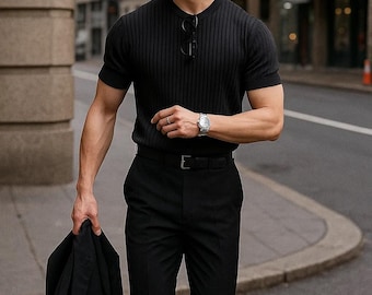 Camisa informal de punto de verano para hombre - Top de oficina moderno y ajustado - Ropa urbana elegante para el día a día - Moda de viaje para primavera y verano - Regalo para él