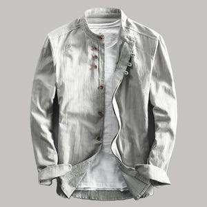 Herren Baumwoll-Leinenhemd, Harajuku-Stehkragen, Slim Fit-Langarmhemd, lässiges Alltagshemd mit Knöpfen, atmungsaktive Sommeroberteile