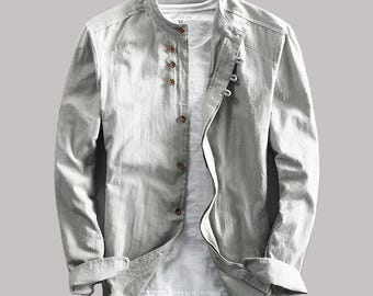 Camisa de lino y algodón para hombre, estilo Harajuku, cuello alto, manga larga, corte entallado, informal, para uso diario, transpirable, para verano.