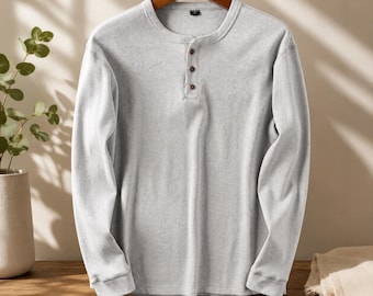Men's Waffle Knit Henley Shirt Long Sleeve Cotton Tee, Casual Button T Shirt Breathable Basic Top, Gift for Him, Minimalist Everyday Shirt