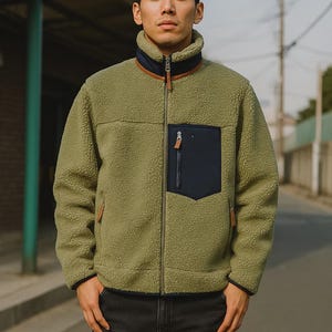 Peut inclure: Veste polaire vert olive avec une poche poitrine bleu marine et un col montant. La veste a une fermeture éclair complète et des détails en cuir marron. Le modèle porte un jean noir. Idéal pour les activités de plein air.
