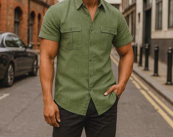 Camisa de manga corta de lino y algodón para hombre: top playero informal