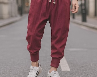 Pantalones tipo harem de algodón para hombre, estilo jogger de corte holgado, pantalones casuales y anchos, pantalones de estilo urbano relajado, pantalones para viajar y usar a diario.