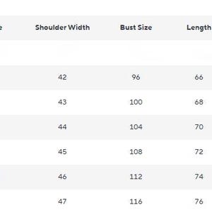 May include: A white chart with size measurements for clothing. The chart includes sizes M to 4XL, with corresponding US sizes, shoulder width in inches, bust size in centimeters, length in centimeters, and sleeve length in centimeters.