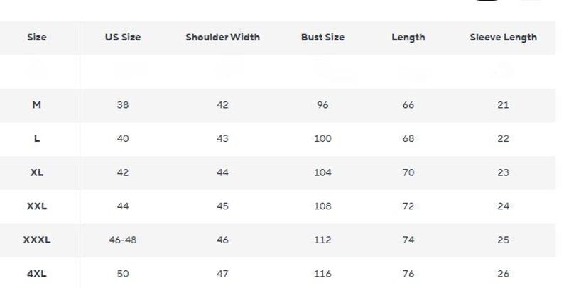 May include: A white chart with size measurements for clothing. The chart includes sizes M to 4XL, with corresponding US sizes, shoulder width in inches, bust size in centimeters, length in centimeters, and sleeve length in centimeters.