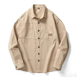 Men khaki cotton button up shirt long sleeve