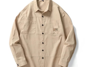 Camisa de trabajo de algodón para hombre: informal, de manga larga y abotonada