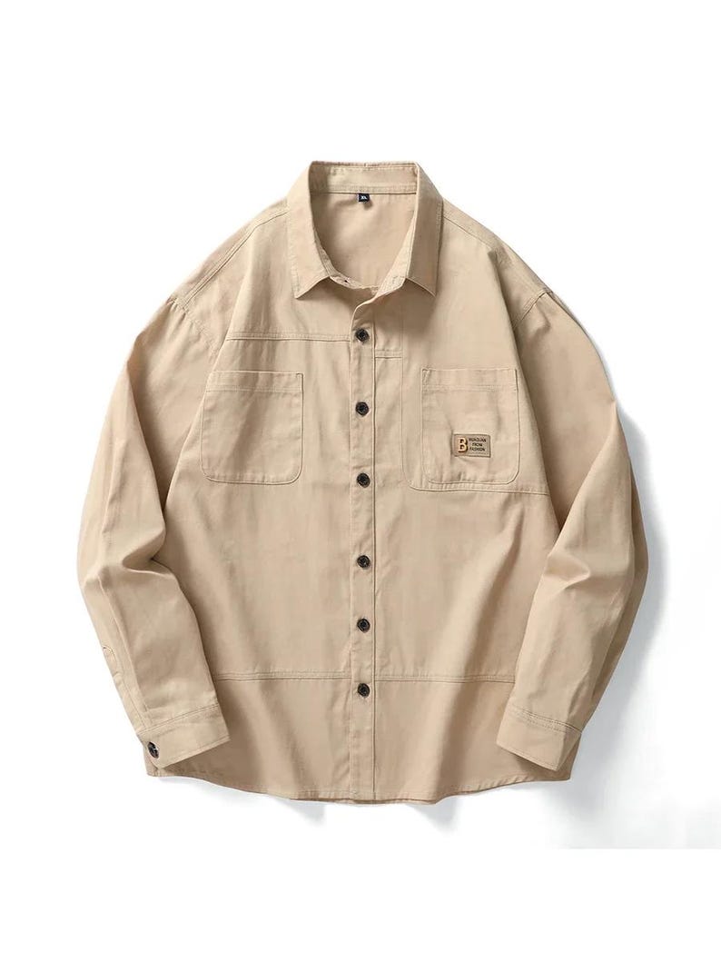 Men khaki cotton button up shirt long sleeve