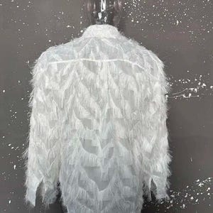 Puede incluir: Camisa blanca de manga larga con un dise&ntilde;o texturizado y plumoso. La camisa tiene un cuello cl&aacute;sico y una botonadura frontal. La tela parece ligera y semitransparente, con una textura &uacute;nica con flecos.