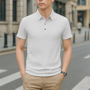 Minimalist men slim fit polo top beige