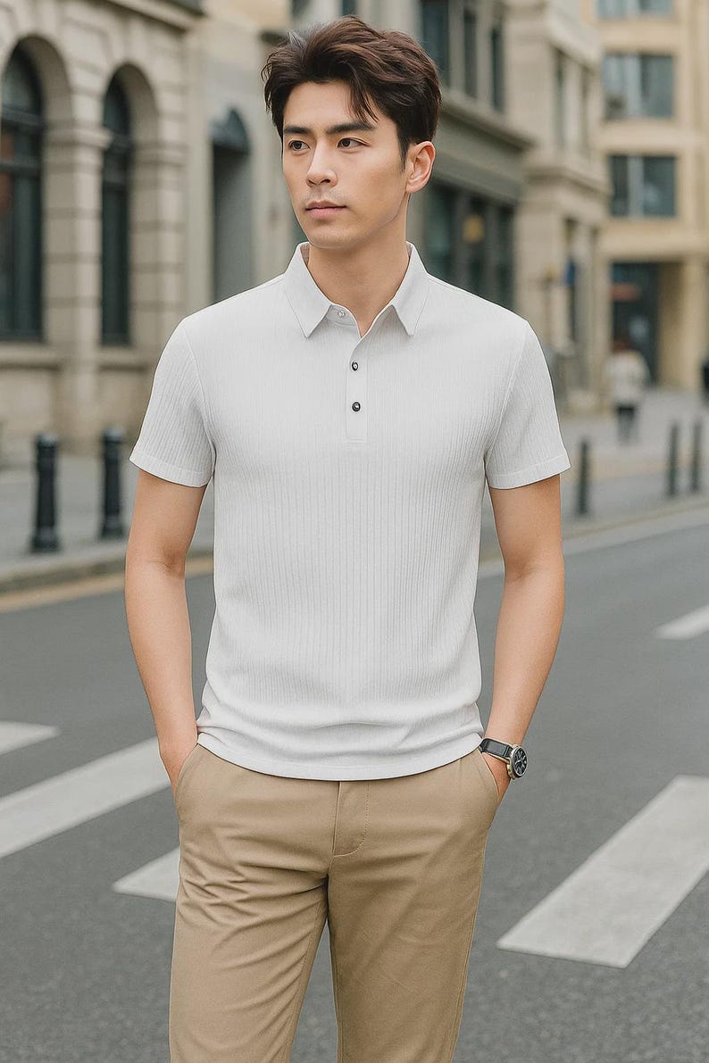 Minimalist men slim fit polo top beige