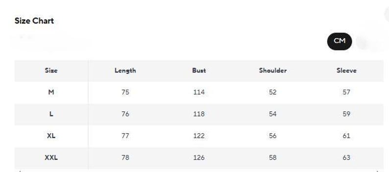 Puede incluir: Una tabla de tallas con medidas en cent&iacute;metros. La tabla incluye las tallas M, L, XL y XXL, con las medidas correspondientes para largo, busto, hombro y manga. La tabla est&aacute; etiquetada como "Size Chart".
