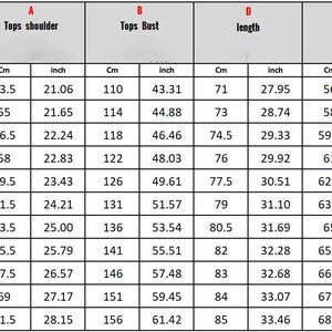 Op de afbeelding: Een maattabel voor tops, metingen weergegeven in centimeters en inches. De tabel bevat metingen voor schouder, borst, lengte en mouw, met maten vari&euml;rend van L tot 10XL. De metingen worden weergegeven in centimeters en inches.