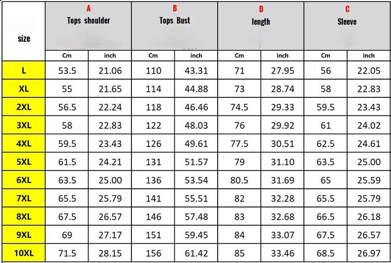 Op de afbeelding: Een maattabel voor tops, metingen weergegeven in centimeters en inches. De tabel bevat metingen voor schouder, borst, lengte en mouw, met maten vari&euml;rend van L tot 10XL. De metingen worden weergegeven in centimeters en inches.